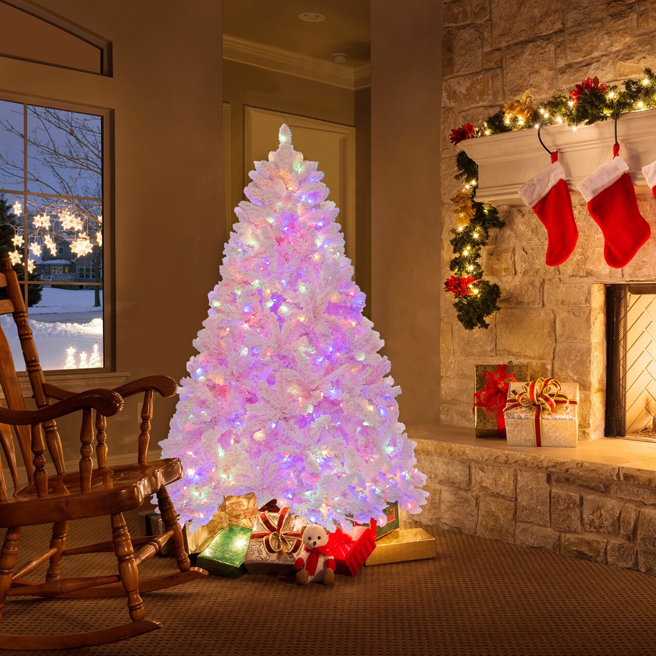 Costway 6 FT Flocked Artificial Christmas Tree Hinged with 350 LED Lights 808 Branch Tips